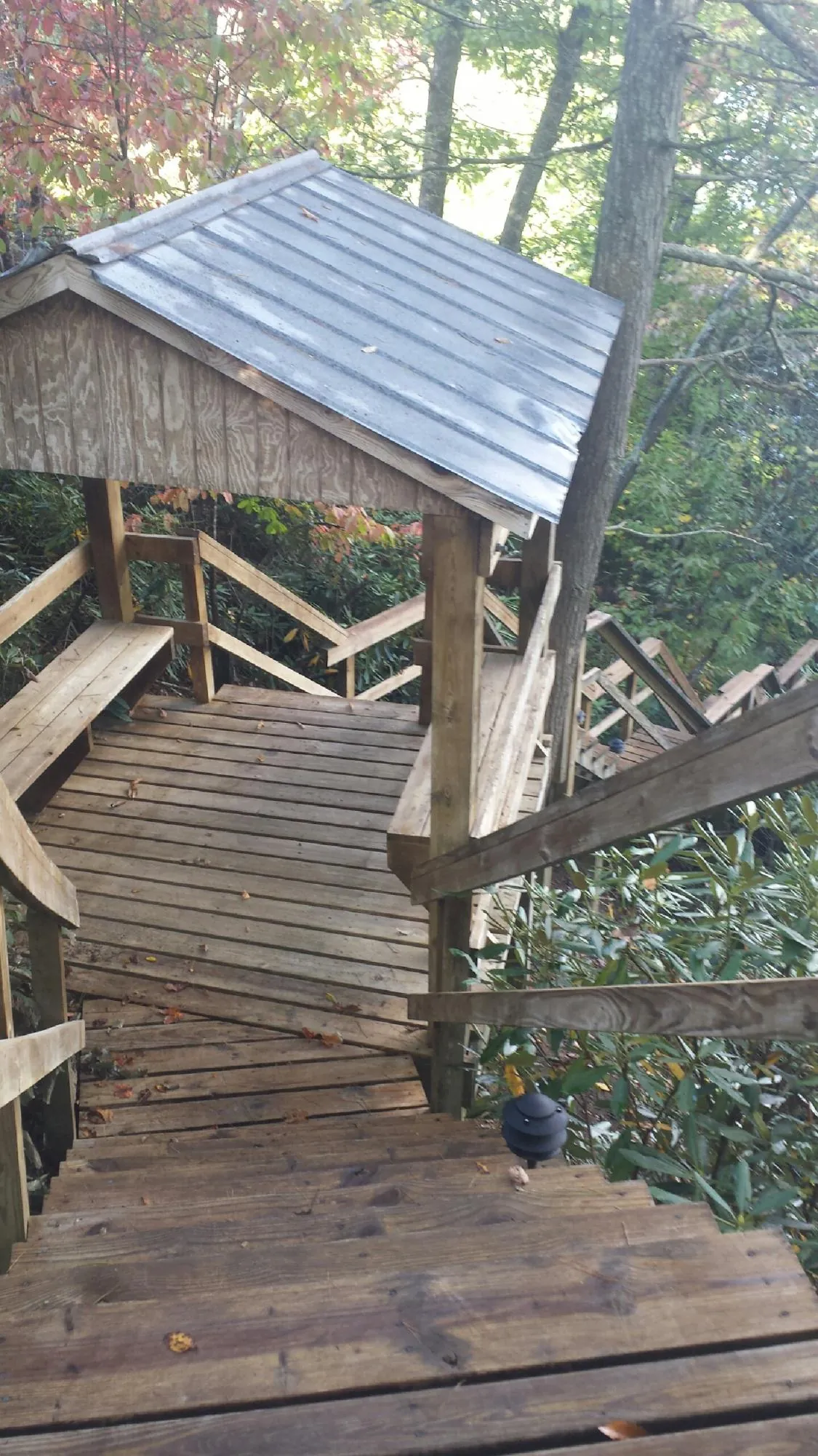 Metal roofed shelter over wooden steps on a wooded walkway — Skylight Repair & Installation work by our crew in Dunmor